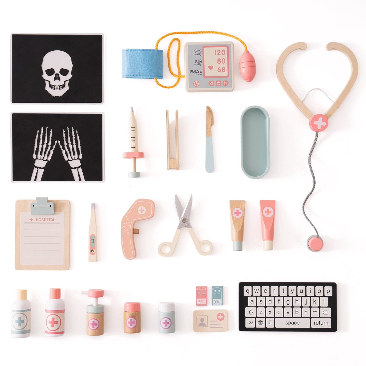 ROBUD wooden doctor activity set showing all accessories flat lay including x-ray films, blood pressure monitor, stethoscope, and keyboard with labels