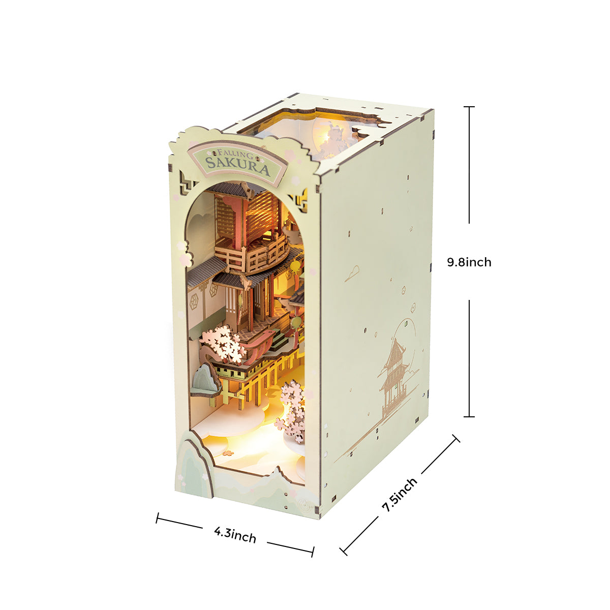 Rolife Falling Sakura book nook dimension diagram showing 9.8 inch height, 7.5 inch depth and 4.8 inch width labeled on the assembled model