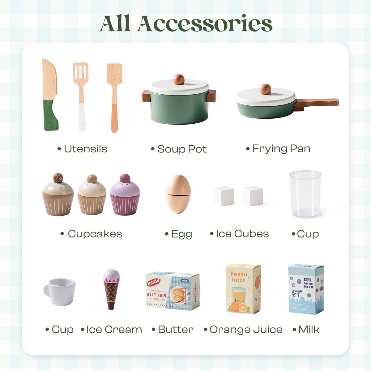 ROBUD green play kitchen accessories flat-lay showing wooden utensils, soup pot, frying pan, cupcakes, egg, ice cubes, cup, ice cream, butter, orange juice, and milk