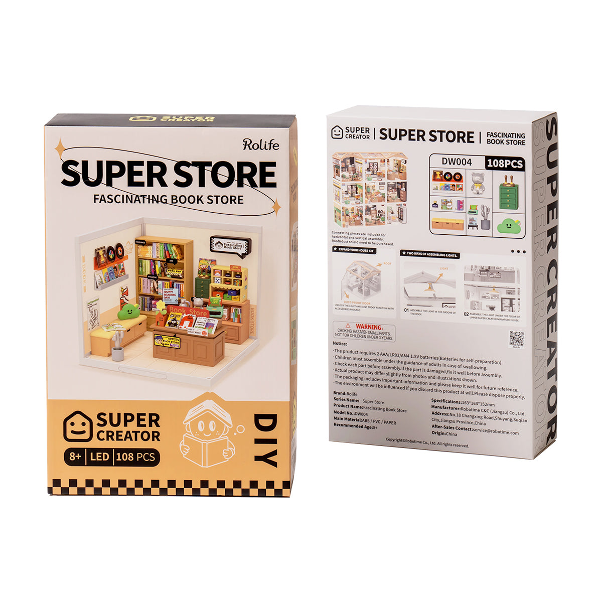 Rolife Super Creator Fascinating Book Store DW004 DIY book nook miniature kit, decorative miniature scene with figures