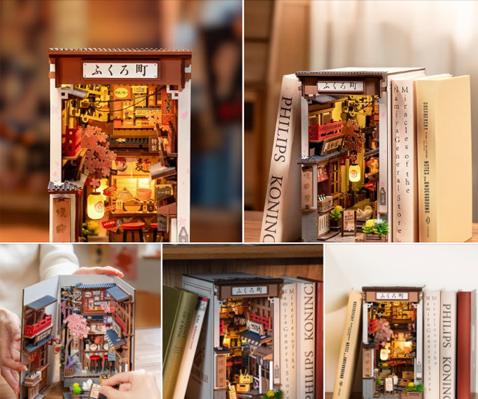 Rolife book nook miniature product collage showing four illuminated Japanese shop scenes tucked between books with warm interior lighting