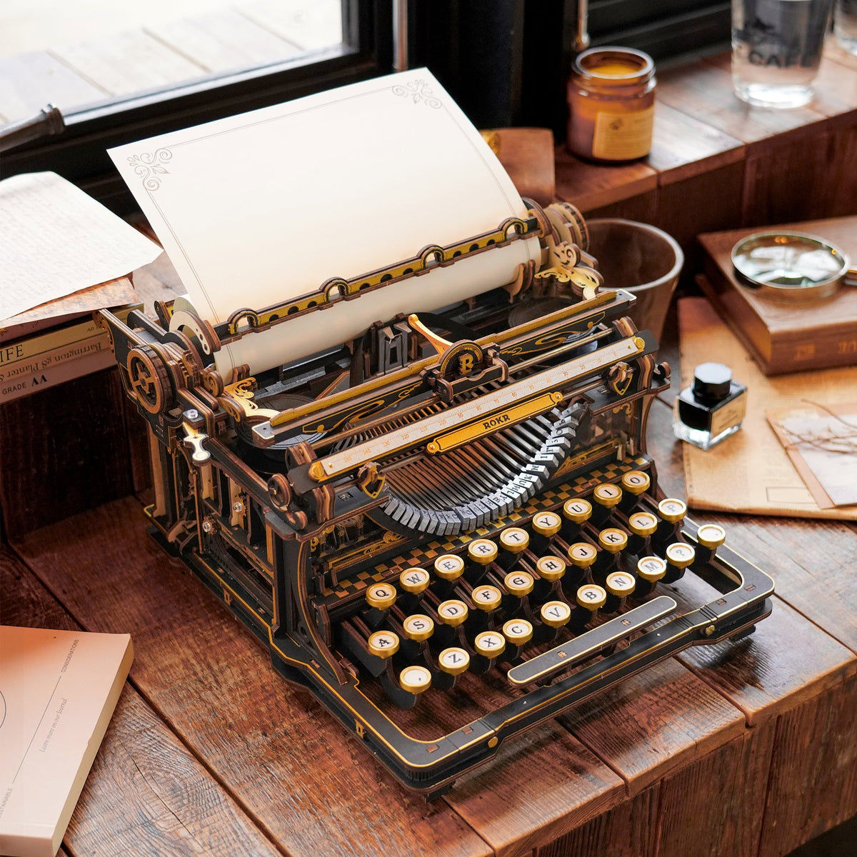 ROKR Mechanical Typewriter Wooden 3D Puzzle LK703B (Classic Version) LK703B, side view highlighting structure and scale