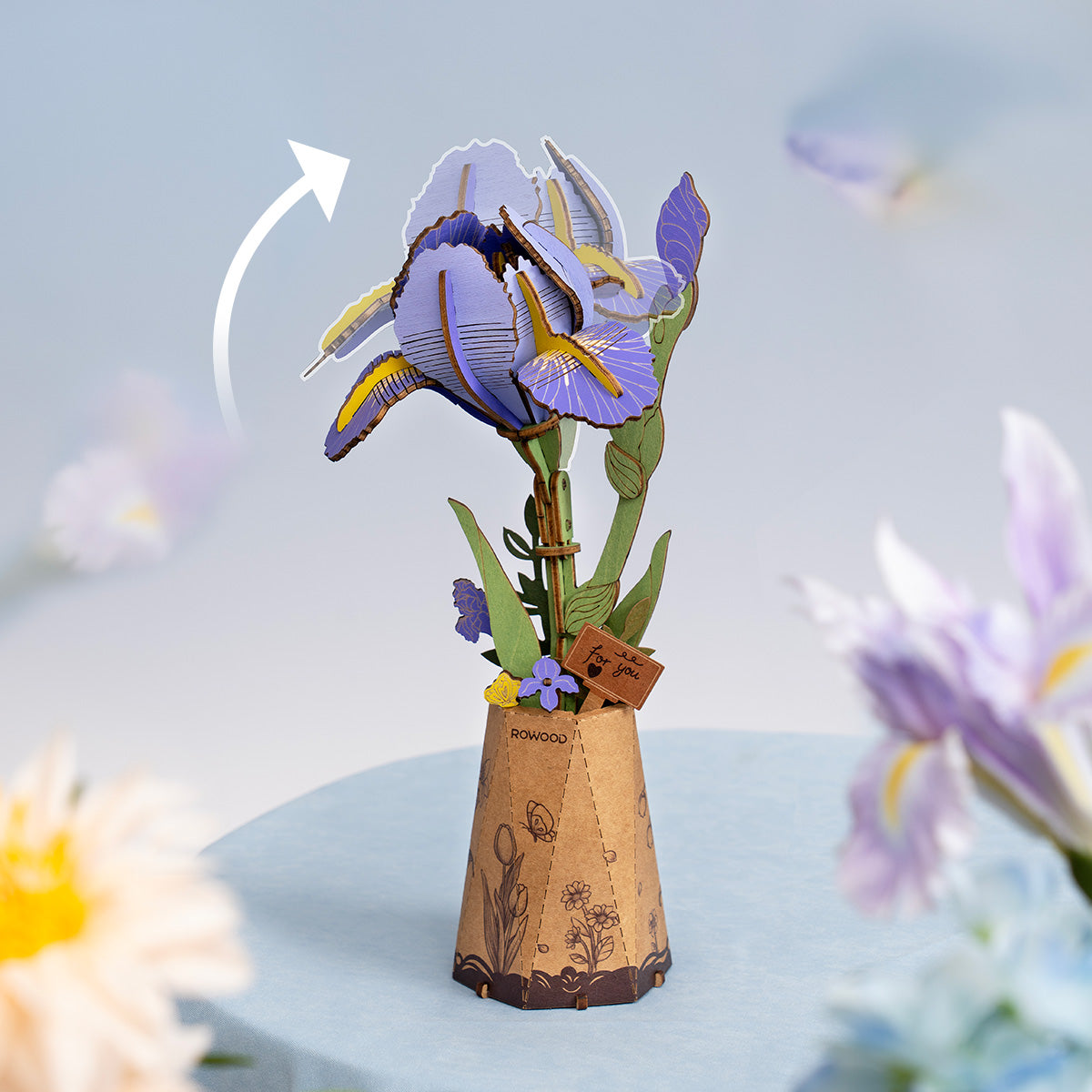 Rowood Purple Iris Wooden Flower 3D Puzzle TW121 3D wooden flower puzzle, angled view showing detail and craftsmanship