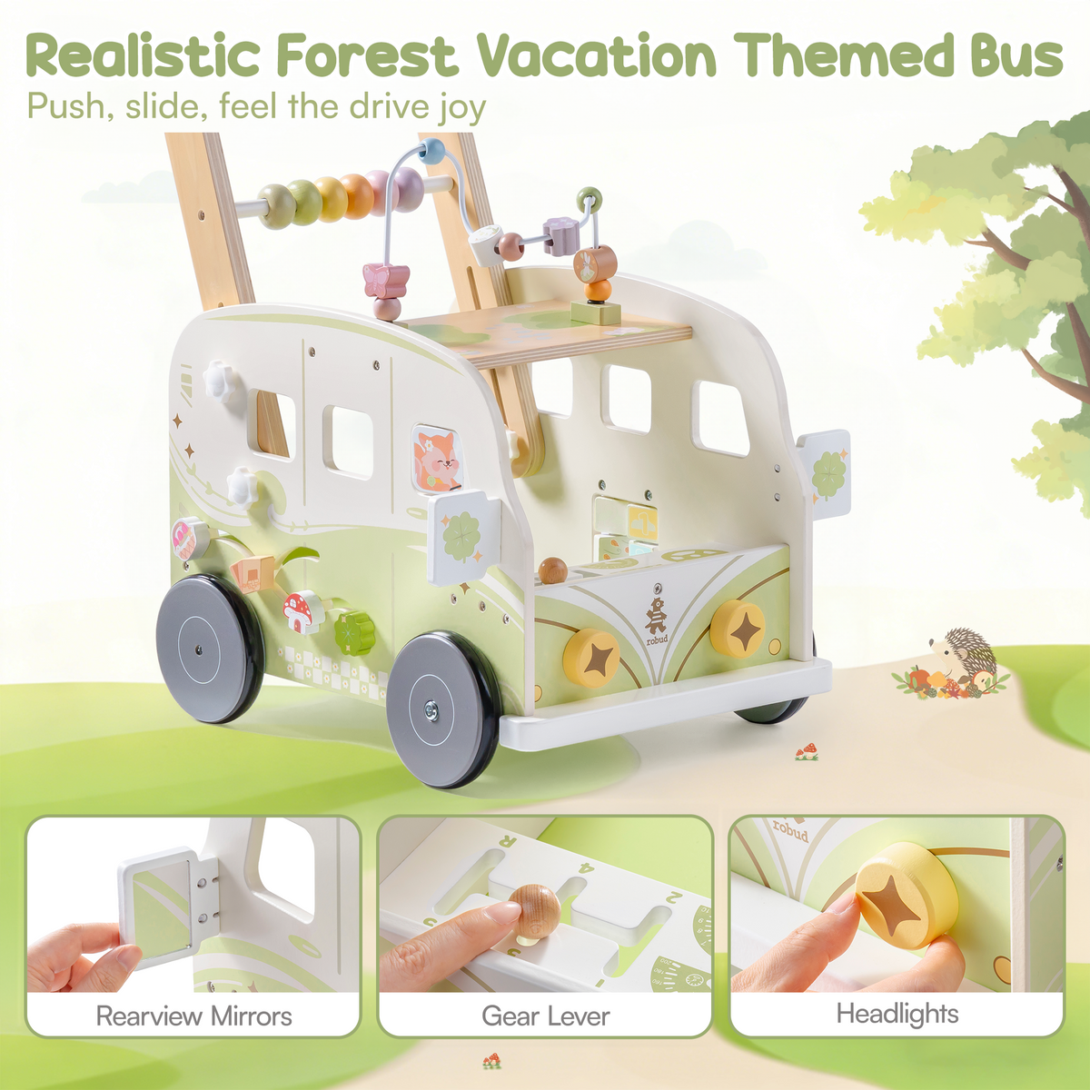 ROBUD green vacation bus walker feature callout with rearview mirrors gear lever and headlight details highlighted.