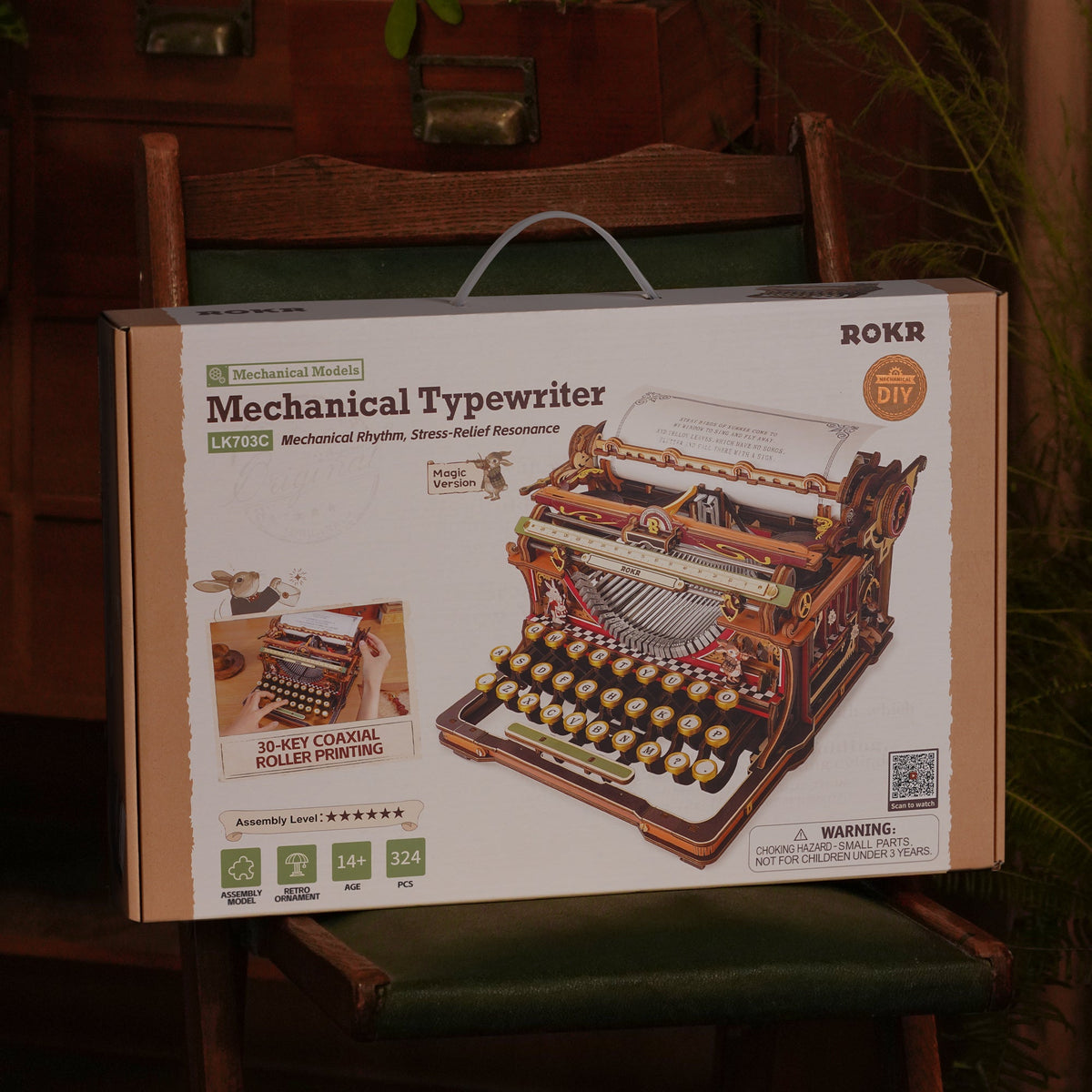 ROKR Mechanical Typewriter Wooden 3D Puzzle LK703C (Magic Version) LK703C, multi-angle composite showing model details