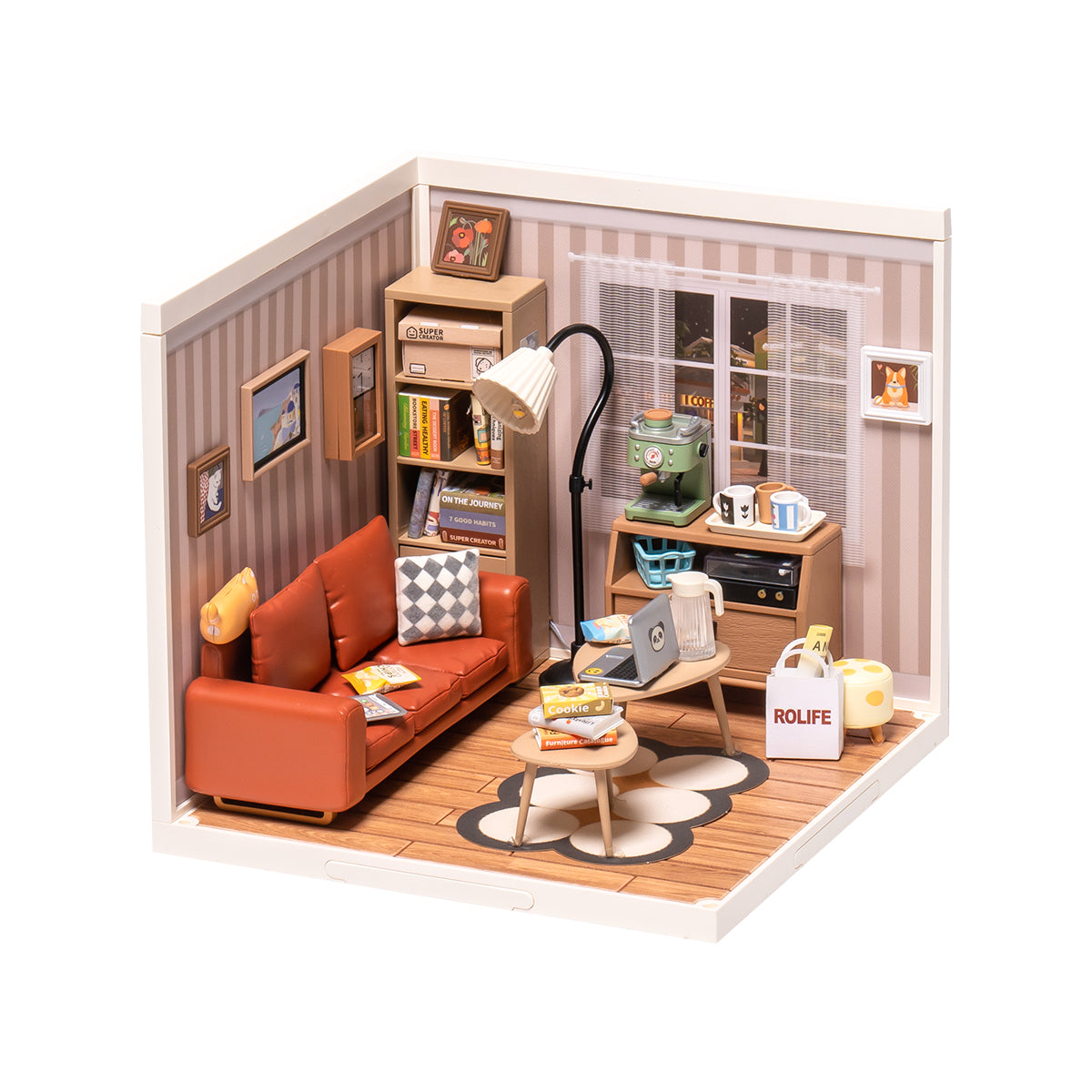 Rolife Super Creator DIY miniature series multi-scene display showing several completed miniature rooms arranged in a row
