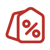 Robotime price tag icon showing a red double-tag outline with a percentage symbol on white background for the deals section
