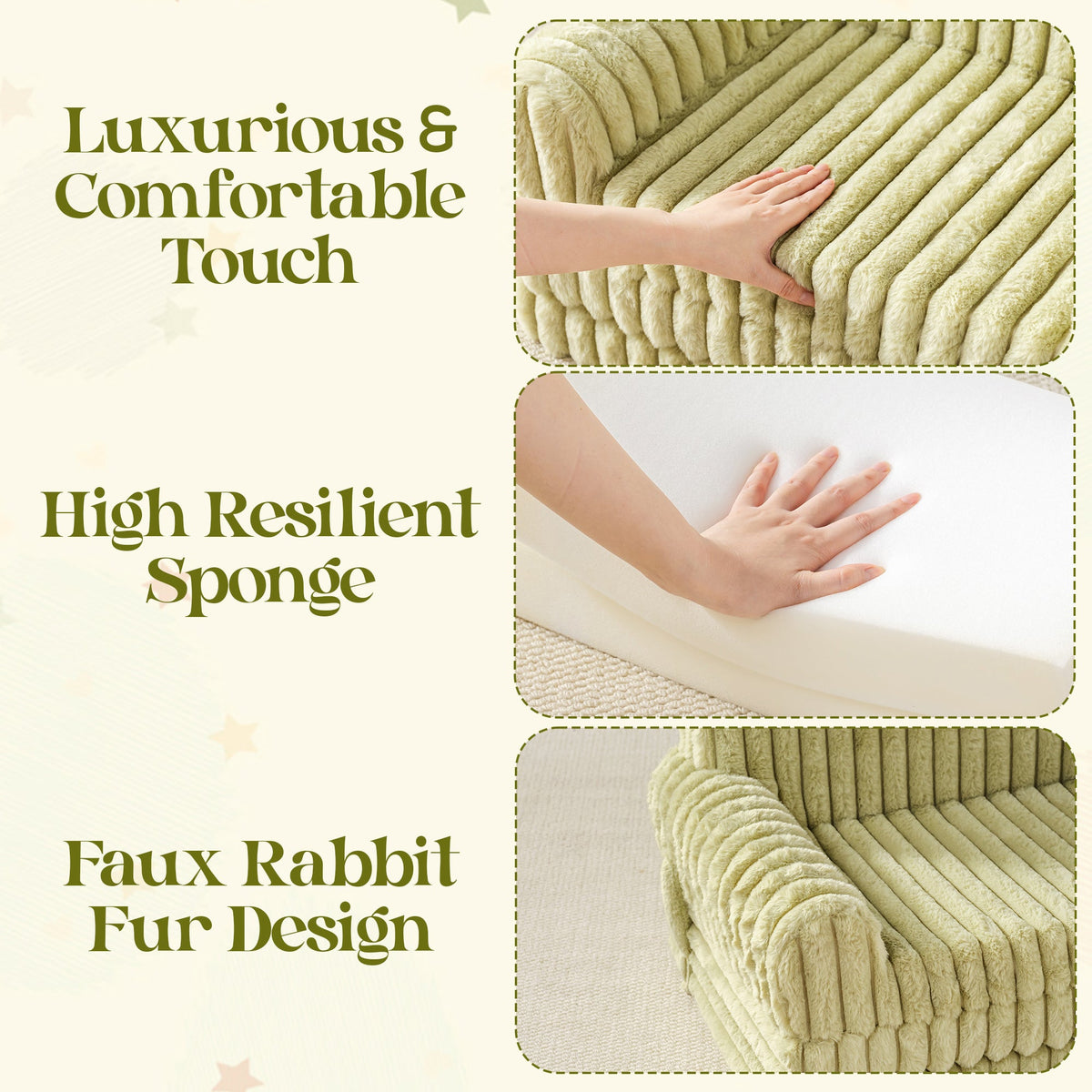 ROBUD children's sofa feature infographic showing faux rabbit fur texture, high-resilient sponge fill, and soft touch close-ups.
