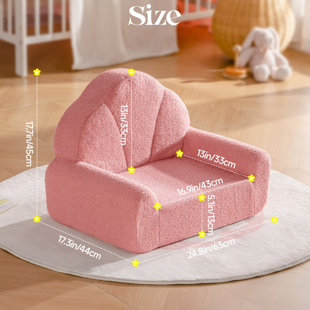 ROBUD pink teddy fleece kids sofa size diagram showing 17.3 in wide, 17 in tall, and 14.6 in seat depth measurements.