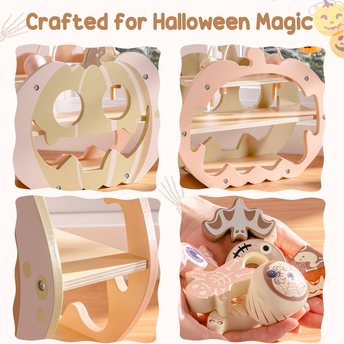 ROBUD Halloween Candy House playset detail showing carved pumpkin wooden frame with ghost and candy figures displayed on inner shelves
