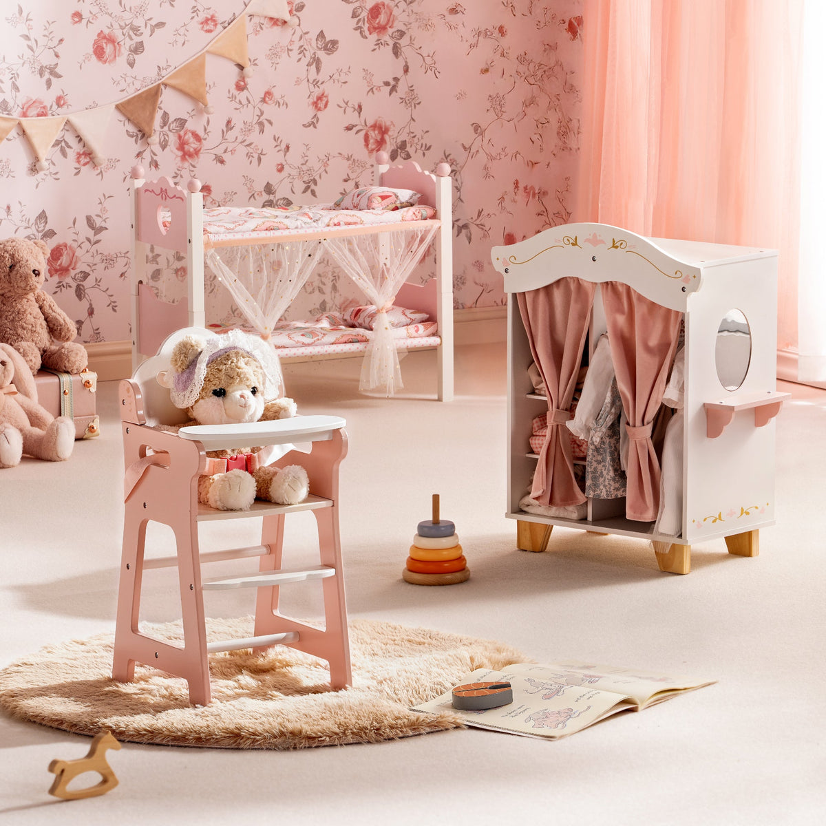 ROBUD princess play room set with pink doll high chair and white wardrobe displayed against floral wallpaper.