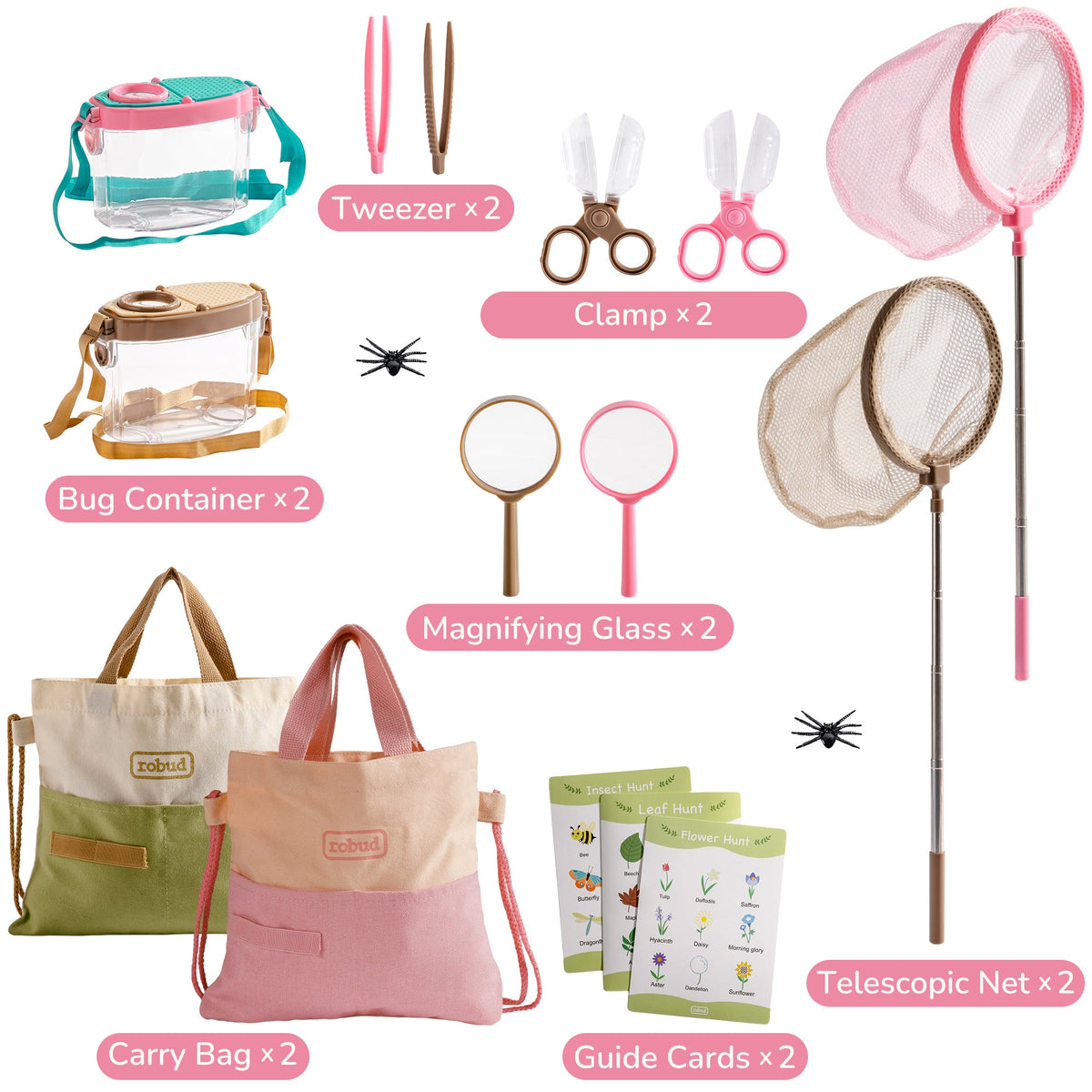 ROBUD dual kids explorer kit pink and green versions each showing carry bag, telescopic net, clamp, magnifying glass, bug container, and guide cards