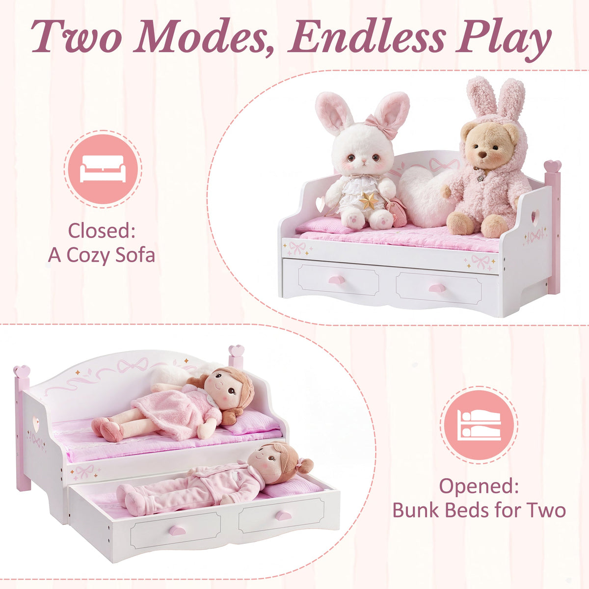 ROBUD pink doll bunk bed shown in two modes: closed as a cozy pink sofa and opened as bunk beds for two 18-inch dolls