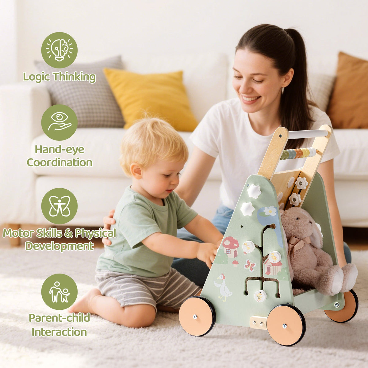 ROBUD Forest Fairy Baby Push Walker lifestyle shot with mother and baby exploring the sage green forest fairy wooden activity walker together on rug
