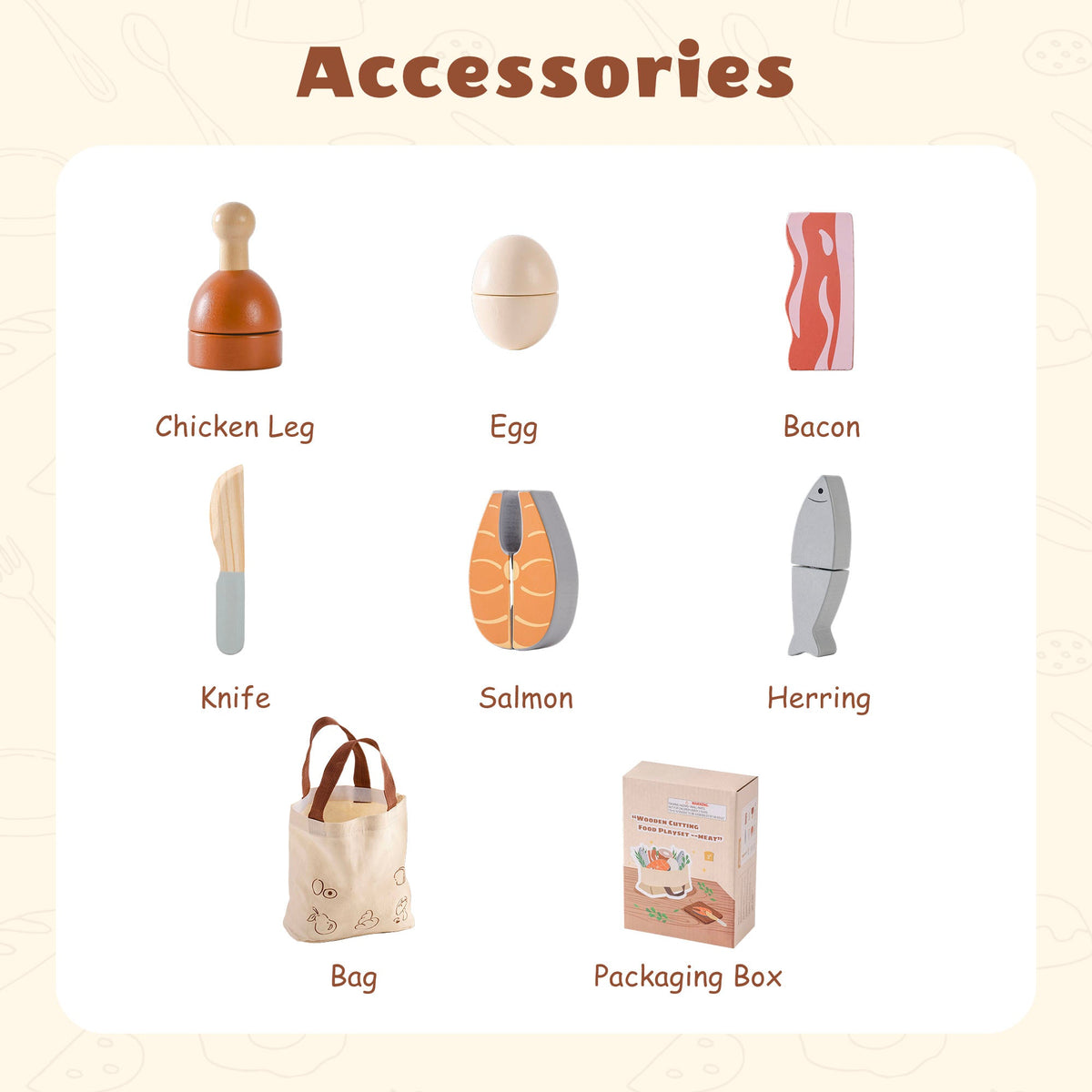 ROBUD wooden meat cutting playset accessories infographic showing chicken leg, egg, bacon, knife, salmon steak, herring fish, canvas bag, and packaging box