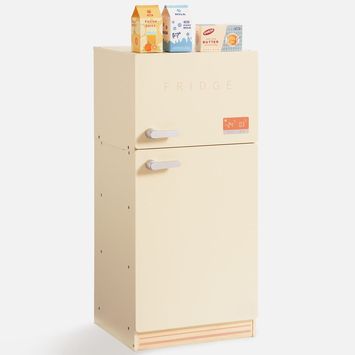 ROBUD creamy wooden play fridge side angle view showing two-door design with digital temperature display and milk, juice, and butter cartons on top