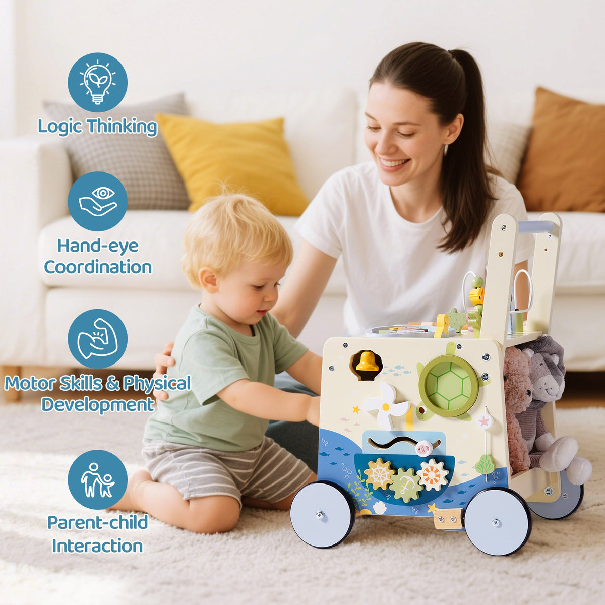 ROBUD Wooden Baby Push Walker Underwater World lifestyle shot with mother sitting beside toddler pushing the ocean-themed wooden activity walker