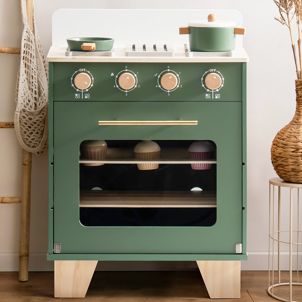 ROBUD vintage green kitchen oven toy with stovetop burners and open oven door from front angle.
