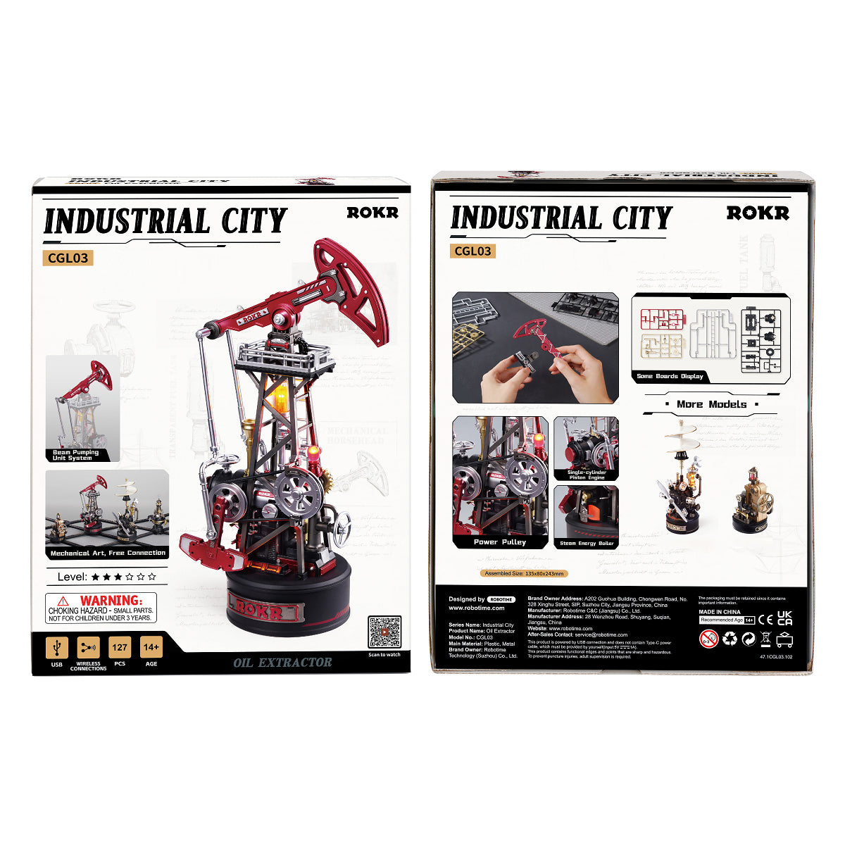 ROKR Oil Pump Jack Mechanical 3D Puzzle CGL03 3D wooden puzzle model, side view highlighting structure and scale