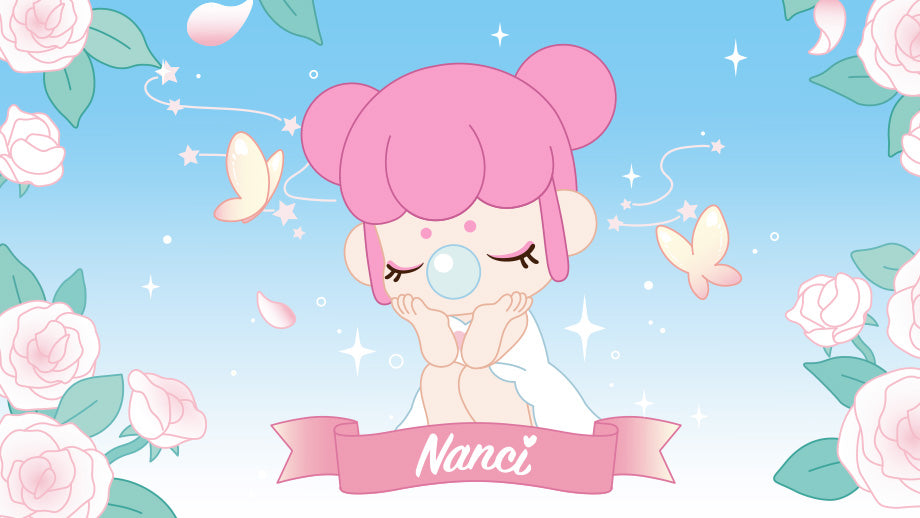 Robotime Online store banner displaying a wide collection of collectible fantasy figures and plush dolls including Nanci characters arranged on white pedestals.