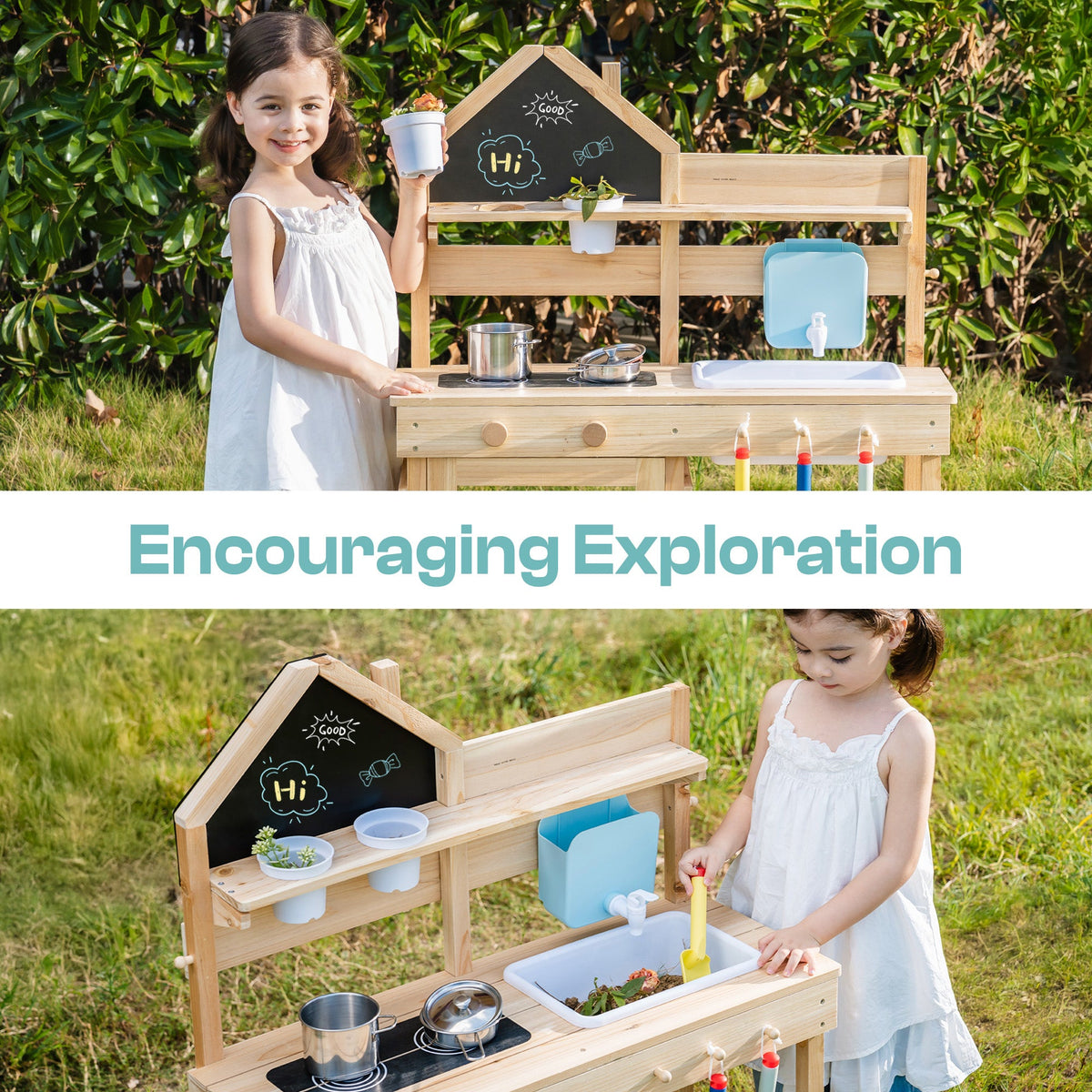 ROBUD Outdoor Mud Kitchen with Accessories encouraging exploration lifestyle collage with girl writing on chalkboard and cooking at the wooden outdoor kitchen