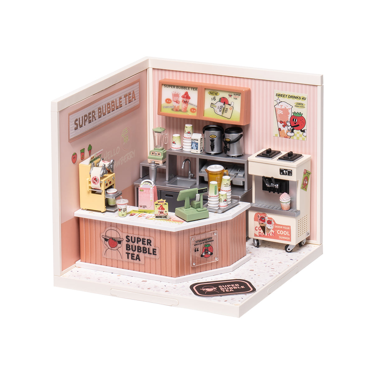 Rolife Super Creator DIY miniature scene with finished diorama on wooden base, featuring a themed room with crafted accessories