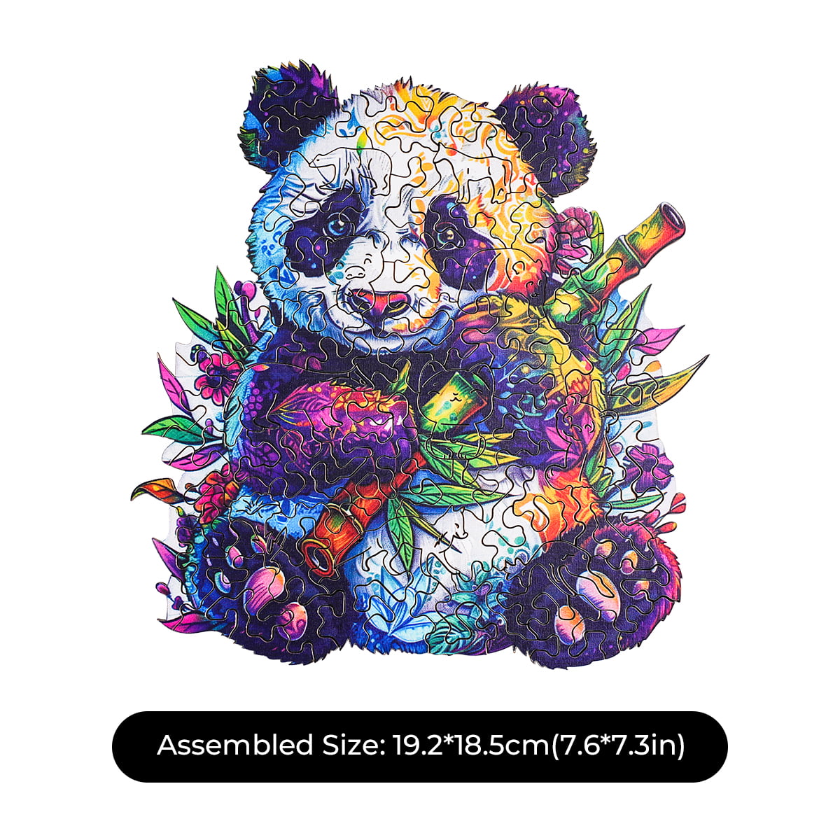 Assembled Robotime Floral Panda wooden jigsaw result with size specifications overlay showing a neon-style panda with bamboo on white background