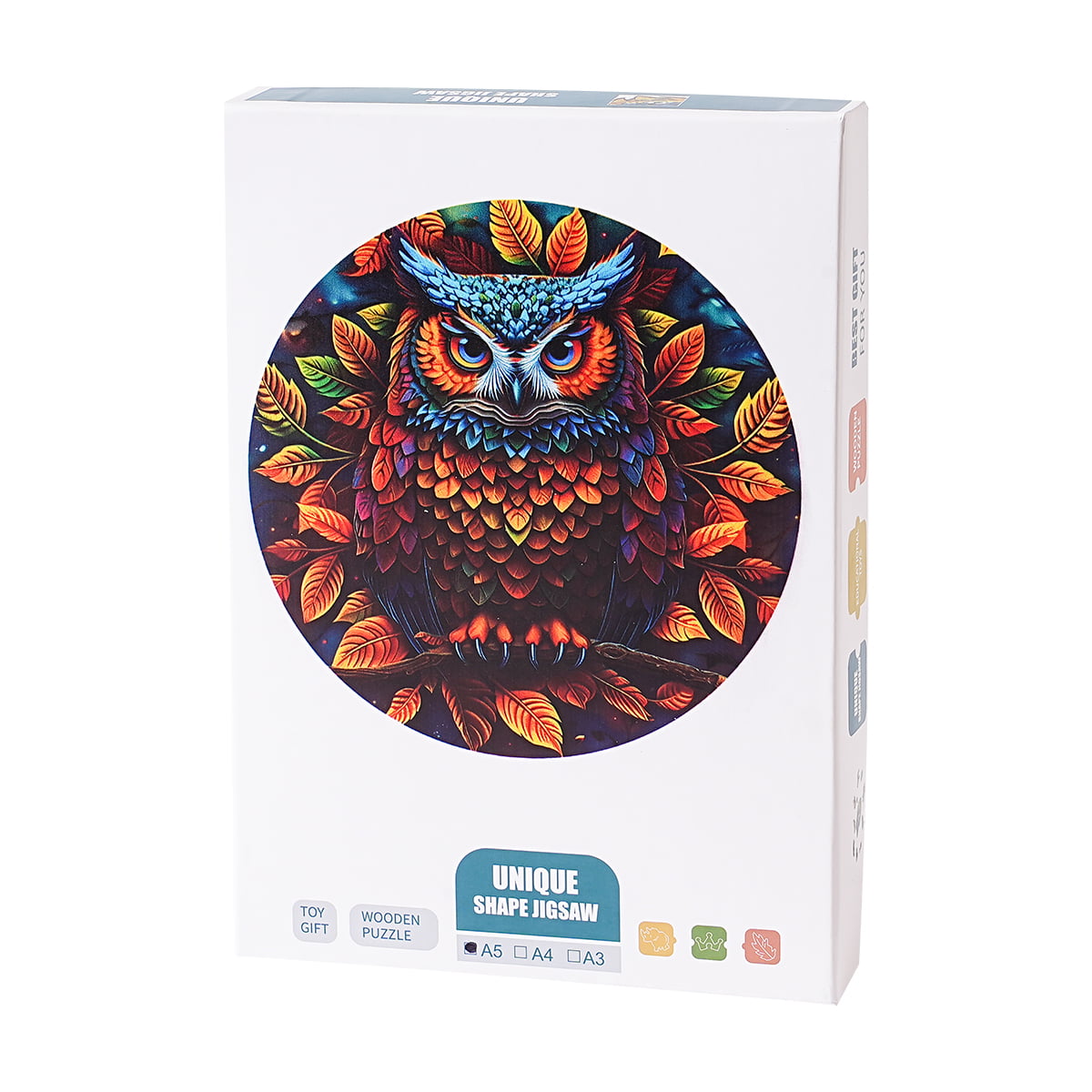 Robotime Moonlight Owl wooden jigsaw puzzle retail box featuring a circular colorful owl illustration