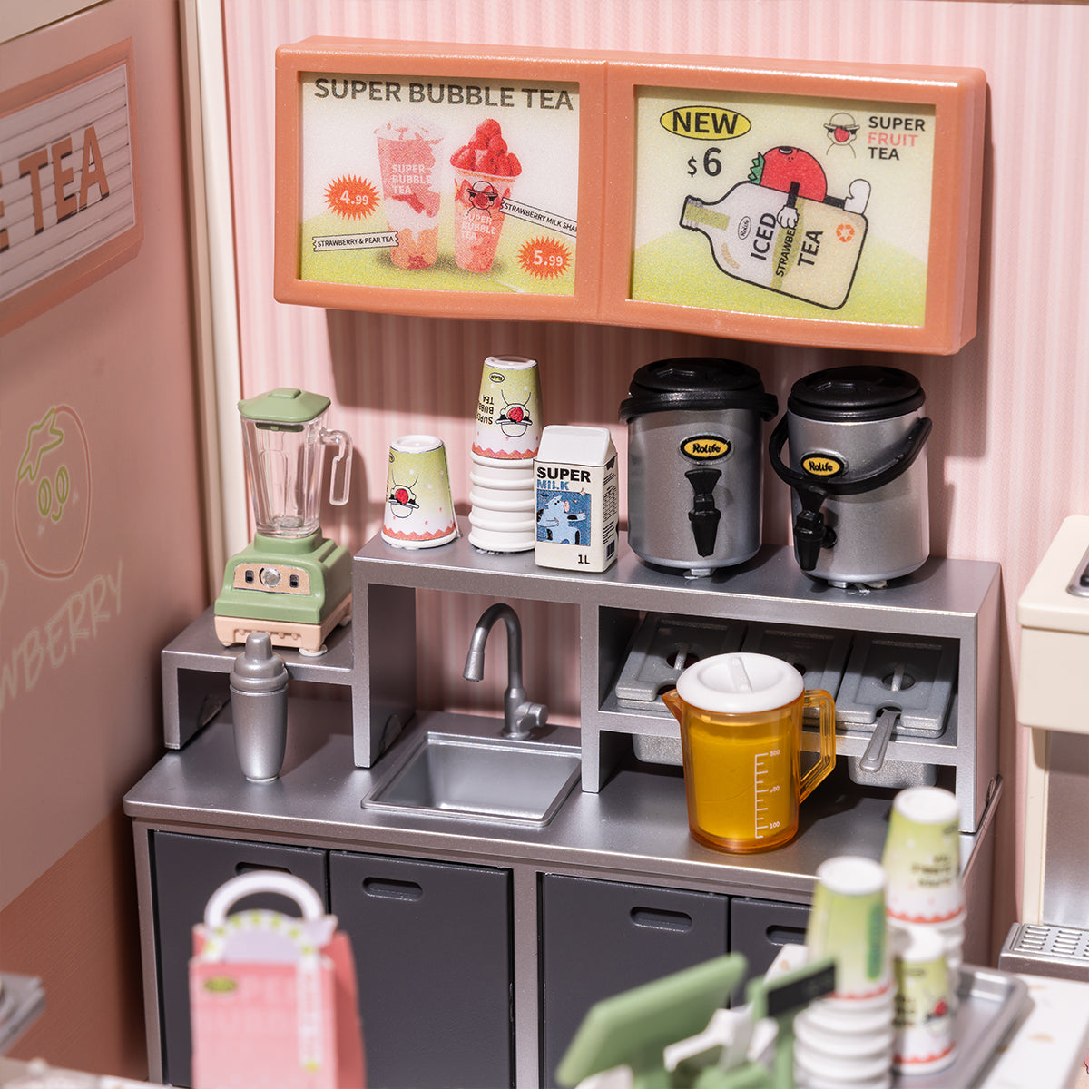 Rolife Super Creator Double Joy Bubble Tea DW006 DIY book nook miniature kit, hands assembling laser-cut wooden pieces