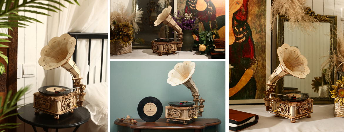 ROKR vintage gramophone 3D wooden puzzle collage showing three lifestyle shots of ornate brass-toned gramophone in home settings with plants and artwork