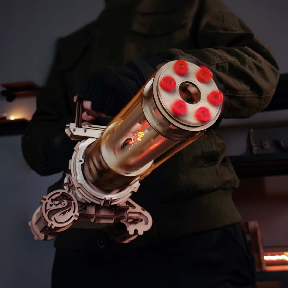 ROKR Rotating-Barrel Machine Toy Gun 3D Wooden Puzzle LQA01, mechanical wooden toy gun 3D puzzle, close-up detail