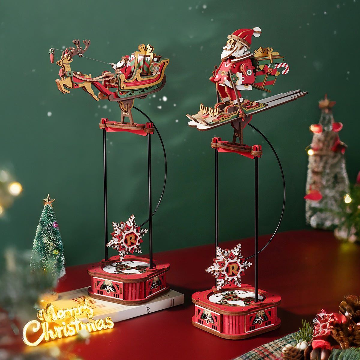 ROKR Santa on Skis Pendulum Balance Toy 3D Puzzle MCD06 3D wooden puzzle model, styled lifestyle scene with model assembled