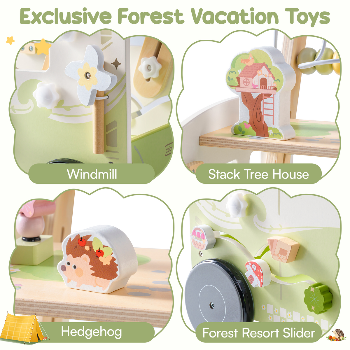 ROBUD green forest vacation bus baby walker detail panels showing windmill tree house hedgehog and slider activities.