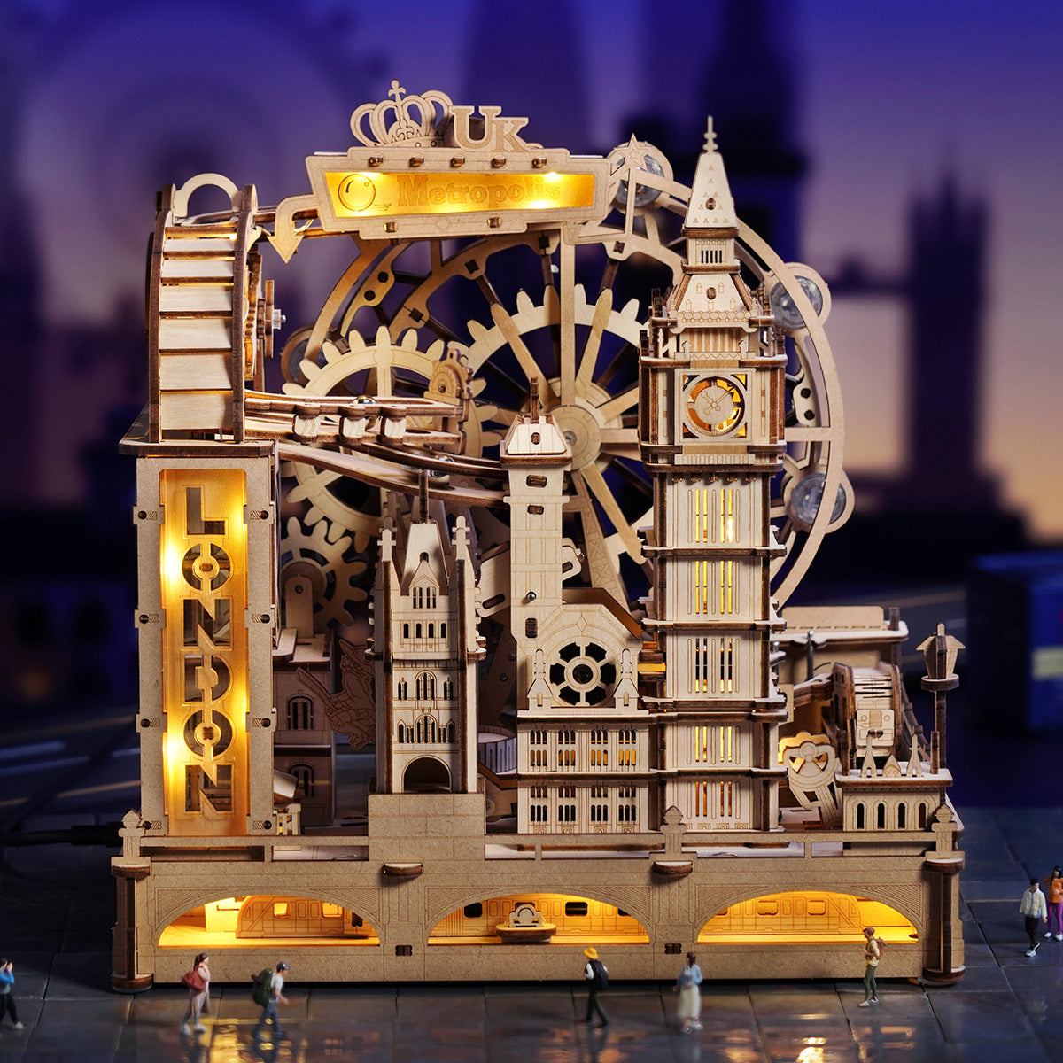 ROKR Marble Travel • London Wooden 3D wooden marble run, styled lifestyle shot EGB01