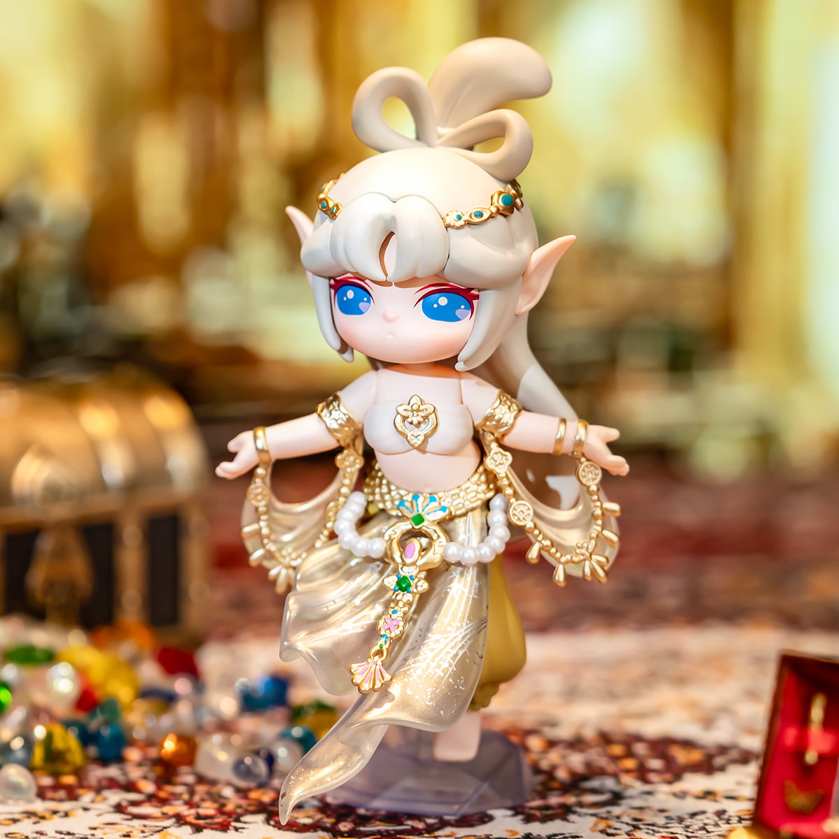Rolife Suri Lingfeng Town doll wears a cream outfit with bunny ears in a warm display.