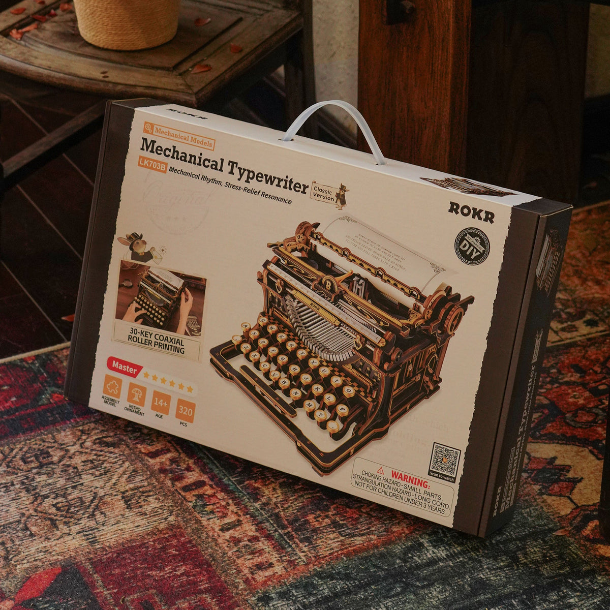 ROKR Mechanical Typewriter Wooden 3D Puzzle LK703B (Classic Version) LK703B, illuminated scene showing lighting feature