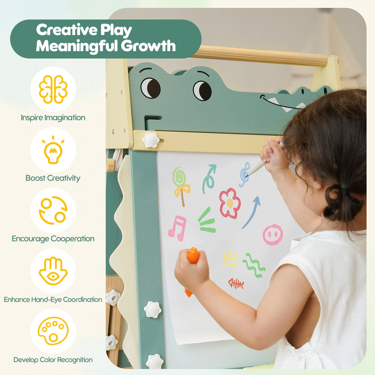 ROBUD Crocodile Easel creative play and meaningful growth feature callout showing child drawing on whiteboard