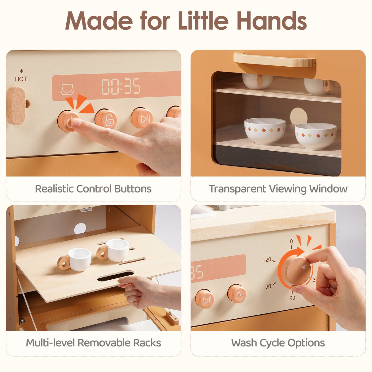 ROBUD Caramel Wooden Dishwasher feature card showing realistic control buttons, transparent window and removable racks