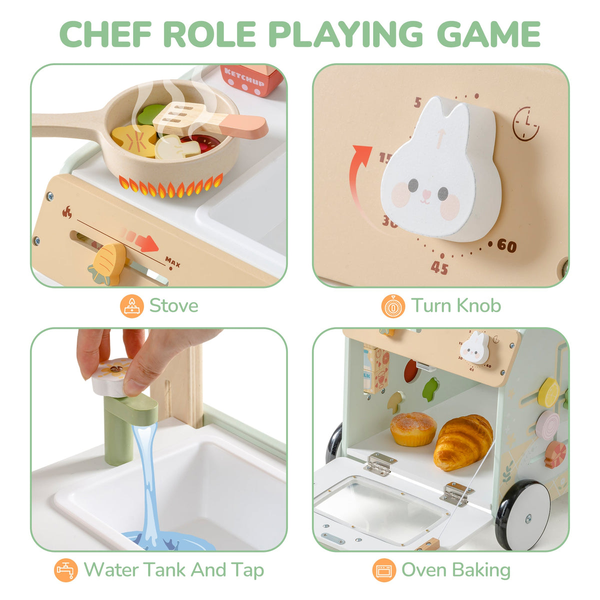 ROBUD baby push walker chef role playing game feature callout showing stove with pan, turn knob timer, water tank tap and oven baking compartment