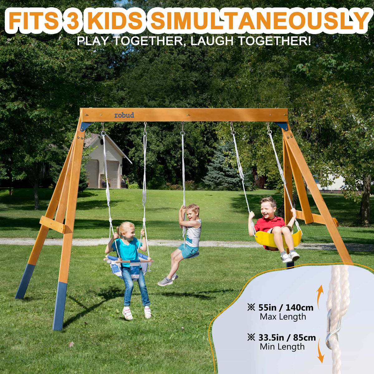 Three children swinging simultaneously on ROBUD natural wood swing set outdoors with lush green grass, highlighting adjustable rope length of 55 to 33 inches