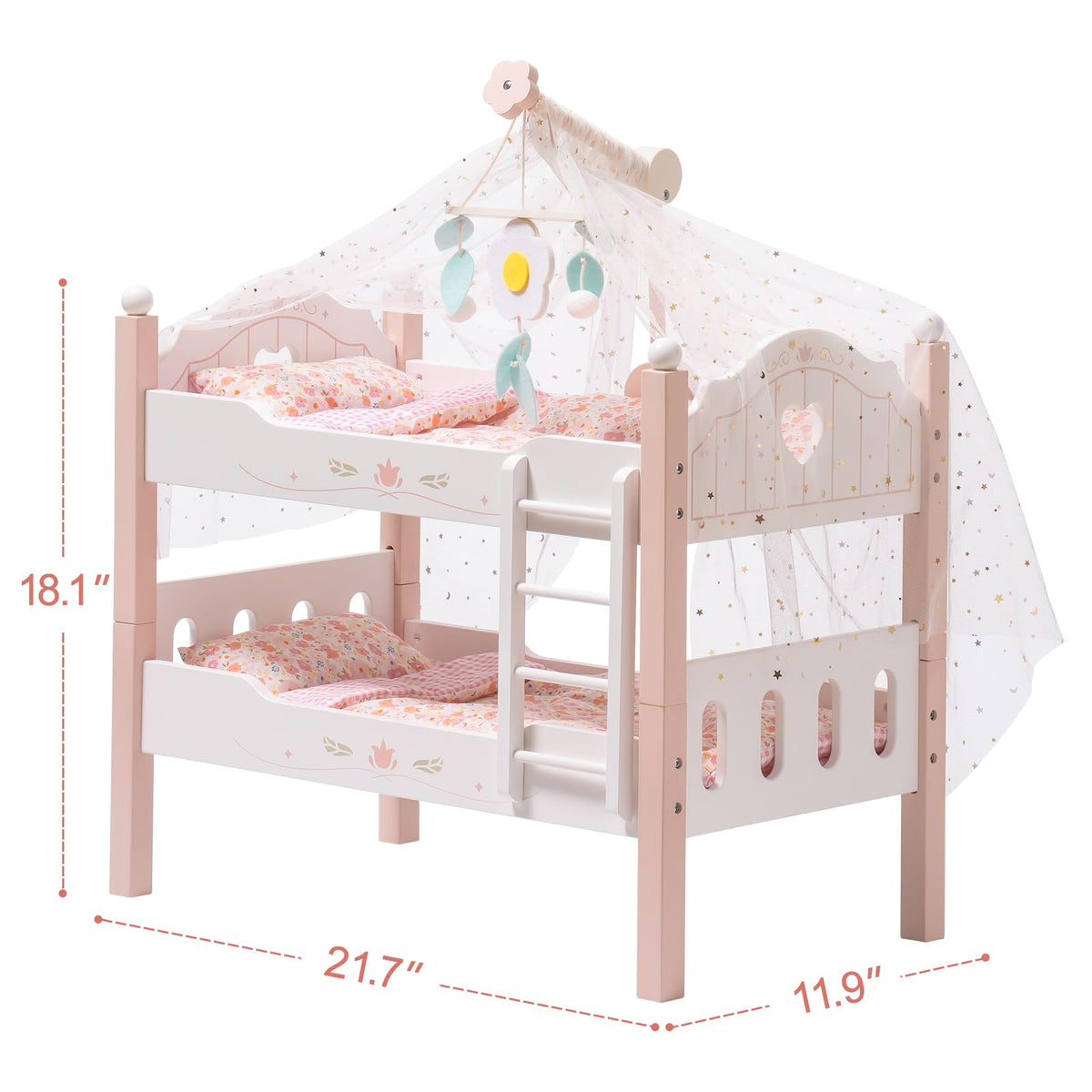 ROBUD wooden princess doll bunk bed with tulle canopy and hanging mobile, dimensions 21.7 in wide by 18.1 in tall.