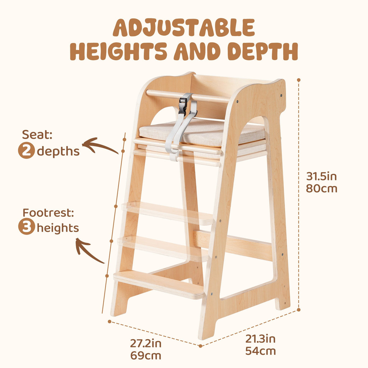 ROBUD wooden high chair specification diagram showing adjustable seat depths footrest heights and overall dimensions.