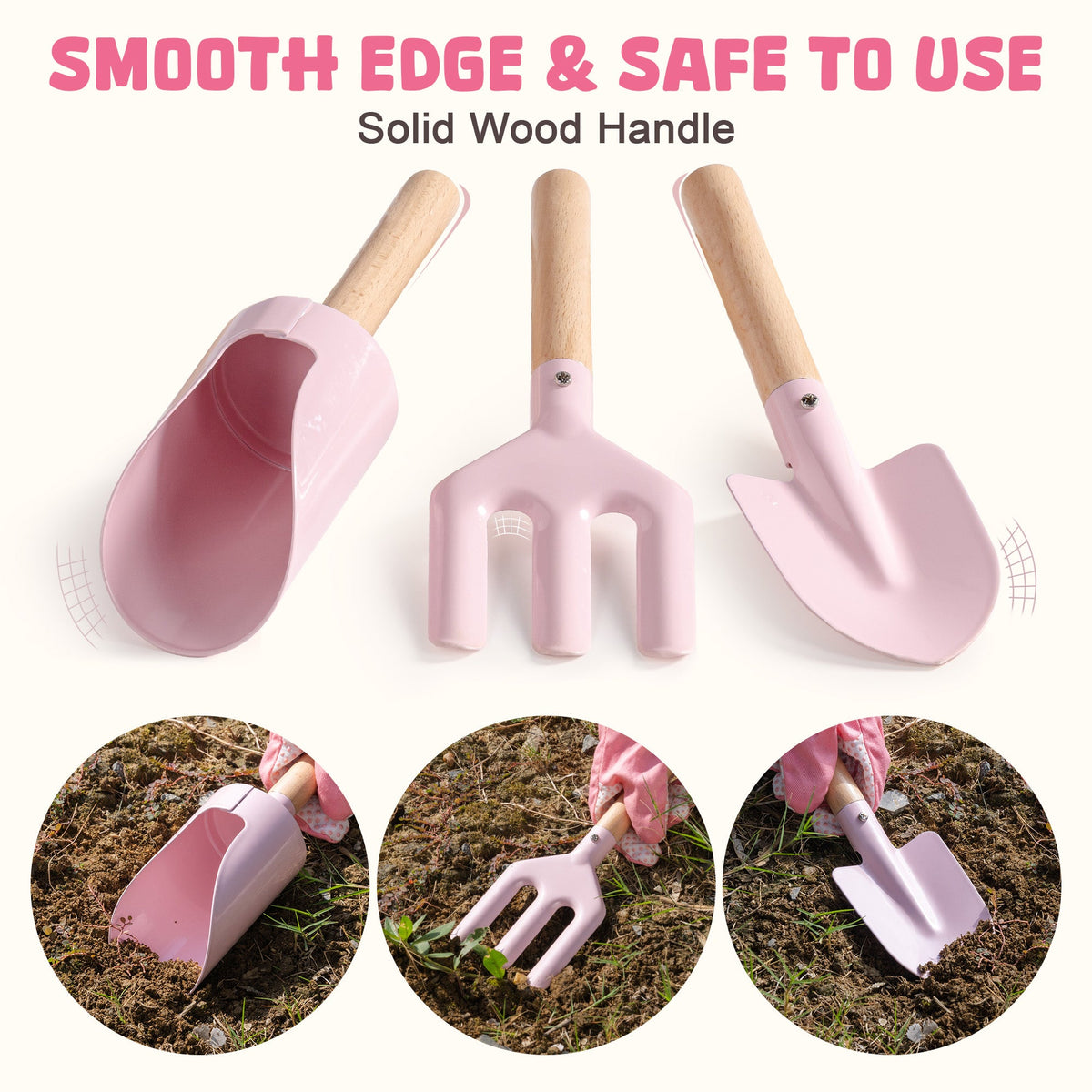 Mother and young girl sitting on lawn opening ROBUD Kids Gardening Set pink series gift box surrounded by gardening tools and accessories