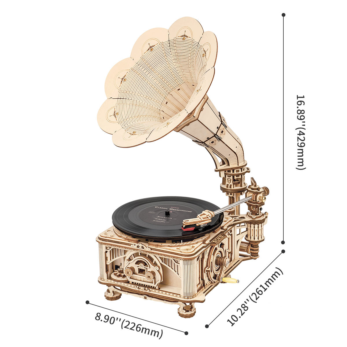ROKR, DIY Crank Classic Gramophone, LKB01, 3D wooden gramophone puzzle, top-down view