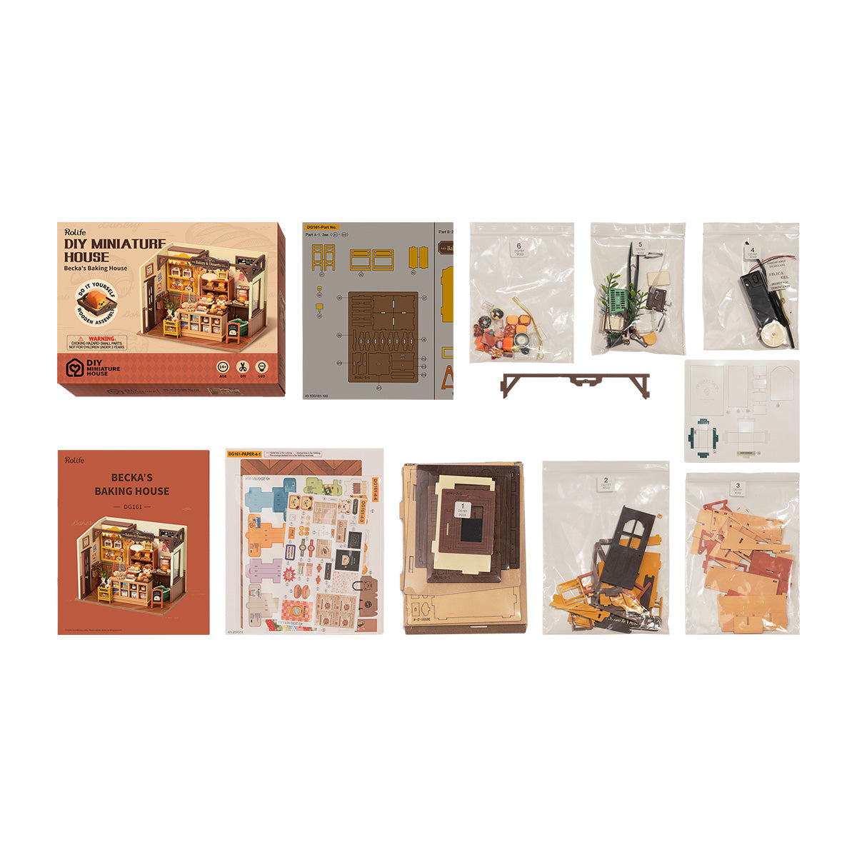 Rolife Beckas Baking House DG161 retail box with ten product overview panels showing assembly steps and accessories