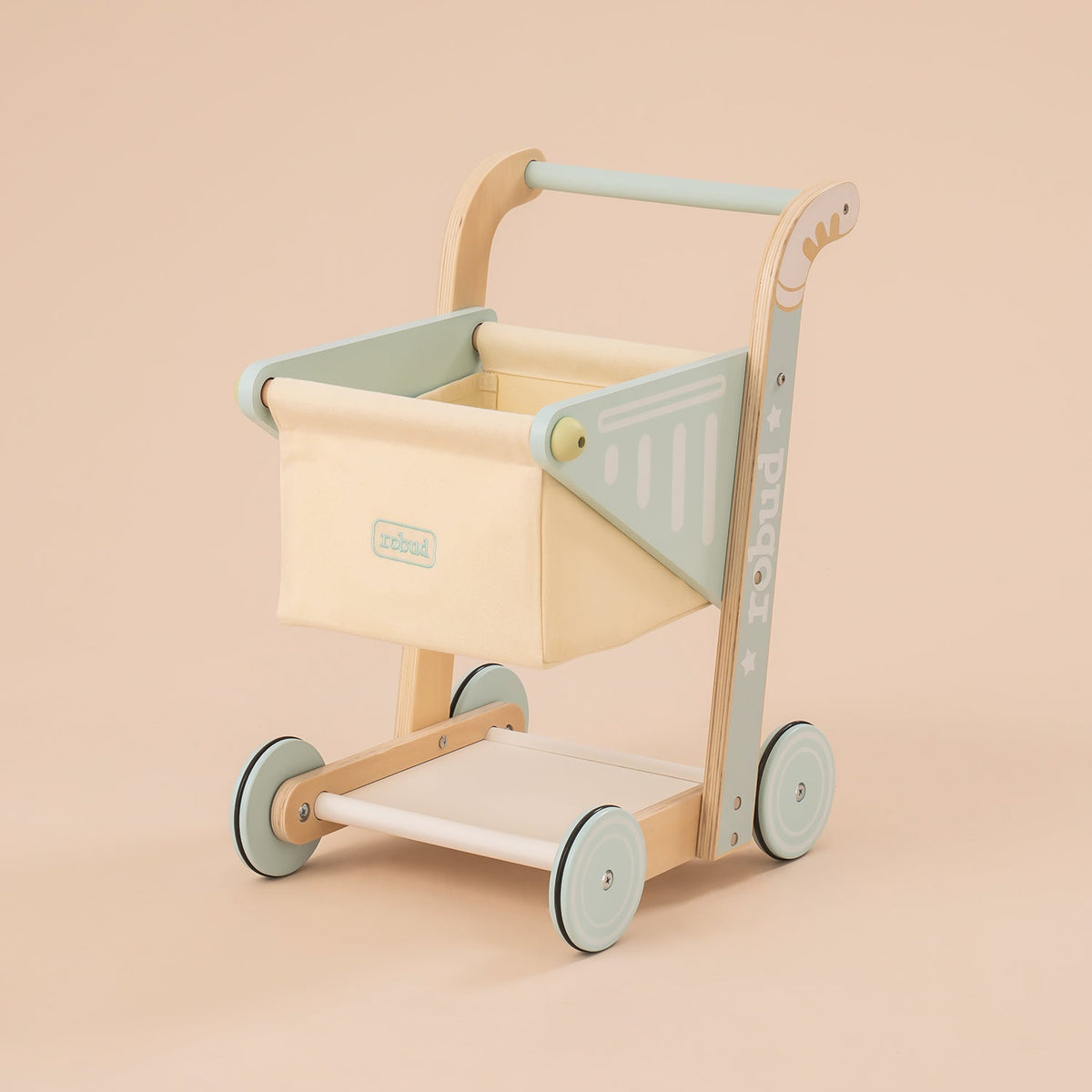 ROBUD wooden baby push walker WRP02 hero view showing natural wood frame with mint accent and four small wheels