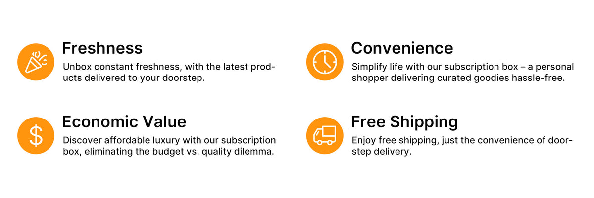 Robotime subscription box features graphic with four orange icons describing freshness, convenience, economic value, and free doorstep delivery.
