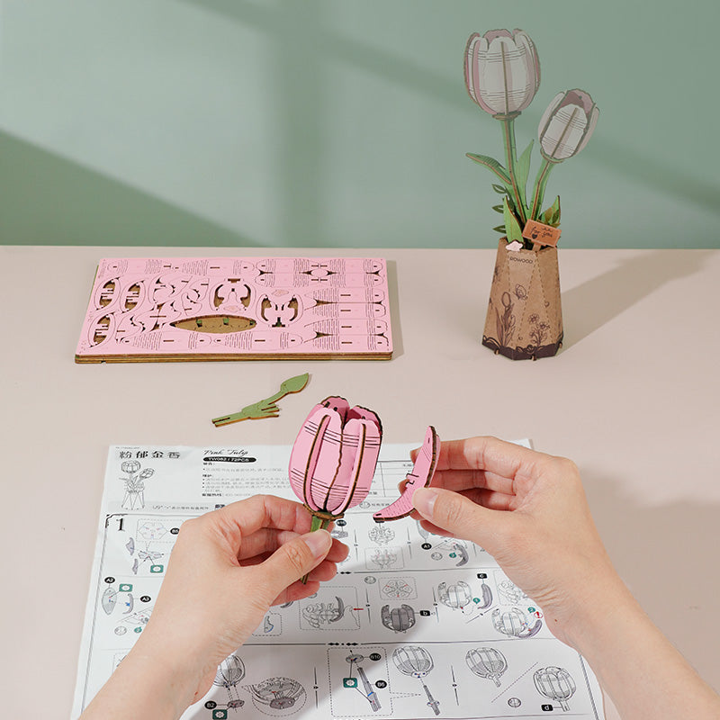 Rowood Pink Tulip DIY Flower 3D Wooden Puzzle TW082, 3D wooden DIY flower puzzle, lifestyle scene