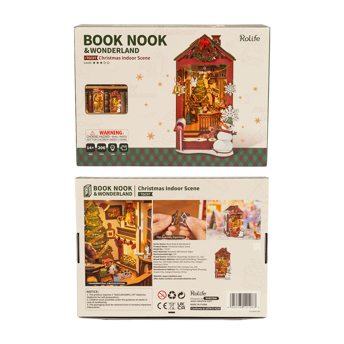 Rolife Christmas Indoor Scene packaging shown with front, back, and miniature scene previews.