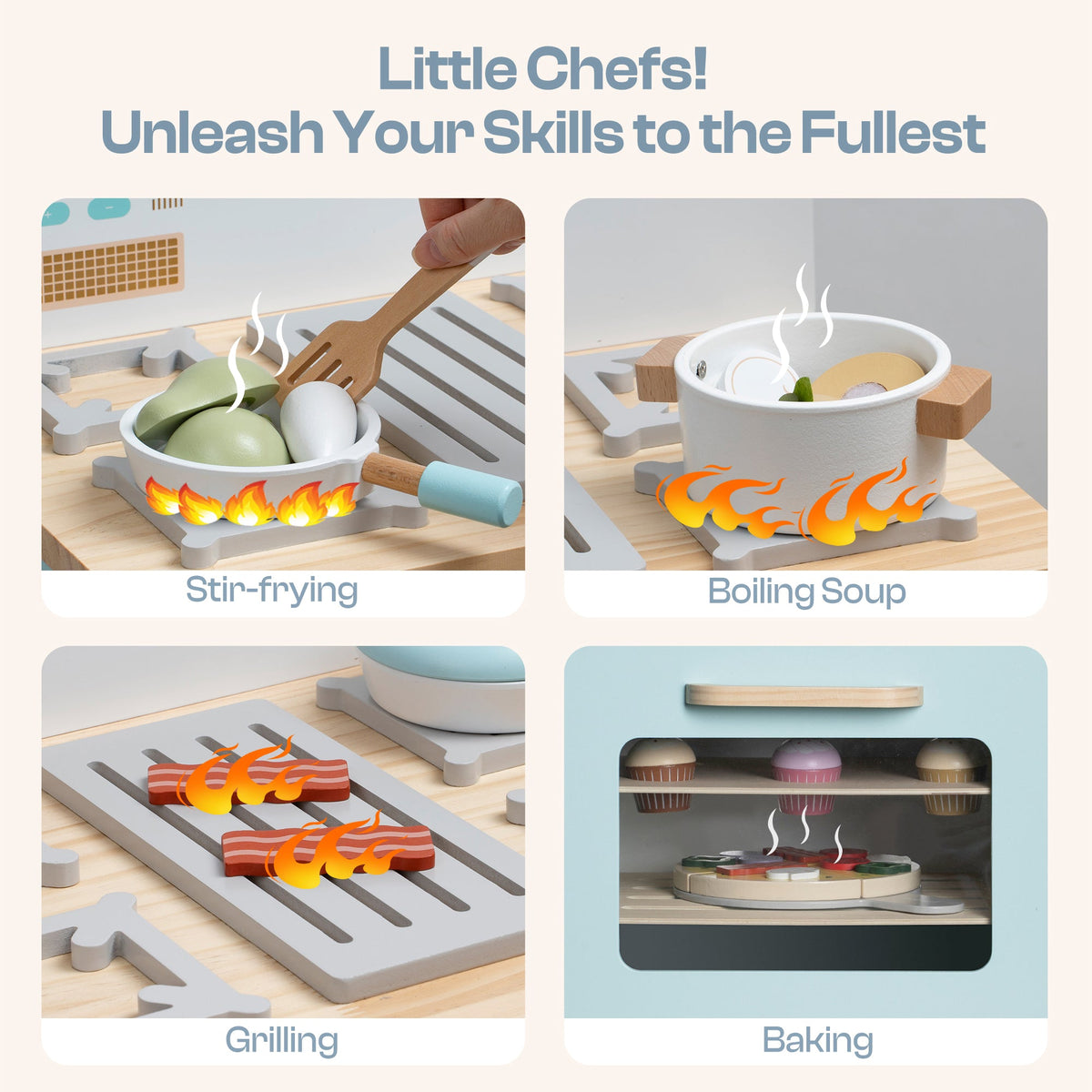 Robud wooden oven toy little chefs panel showing stir-frying, boiling, grilling and baking activities
